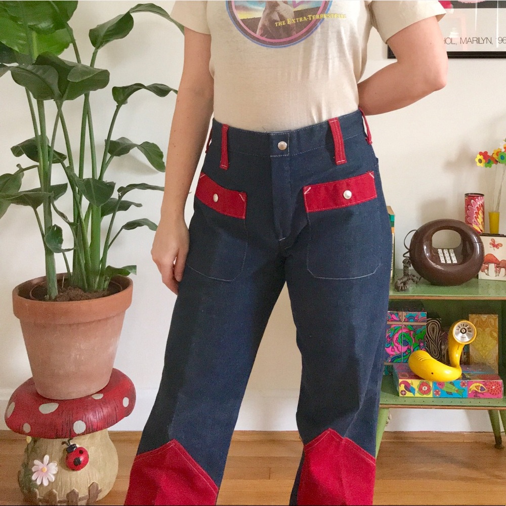 Vintage 60s red color block flares unisex jeans - Picture 4 of 5